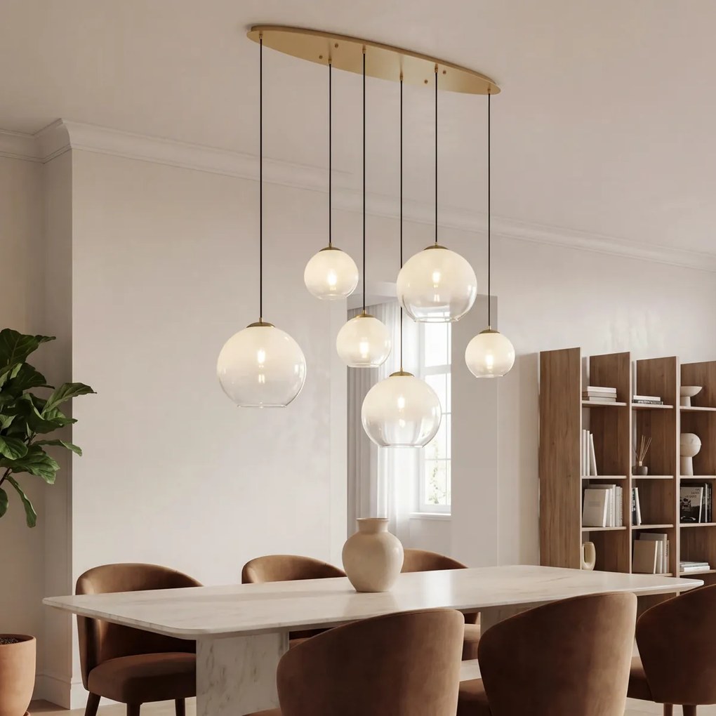Lampă suspendată Hotel Chic alamă cu sticlă albă dreptunghiulară cu 6 lumini - Misty