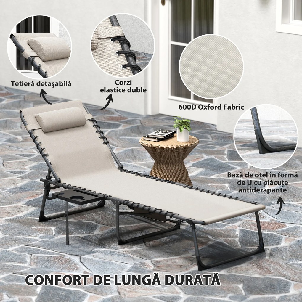 Outsunny Șezlong de Grădină Pliabil și Reglabil în 5 Poziții cu Măsuță Laterală, 60x190x31 cm, Alb Crem | Aosom Romania