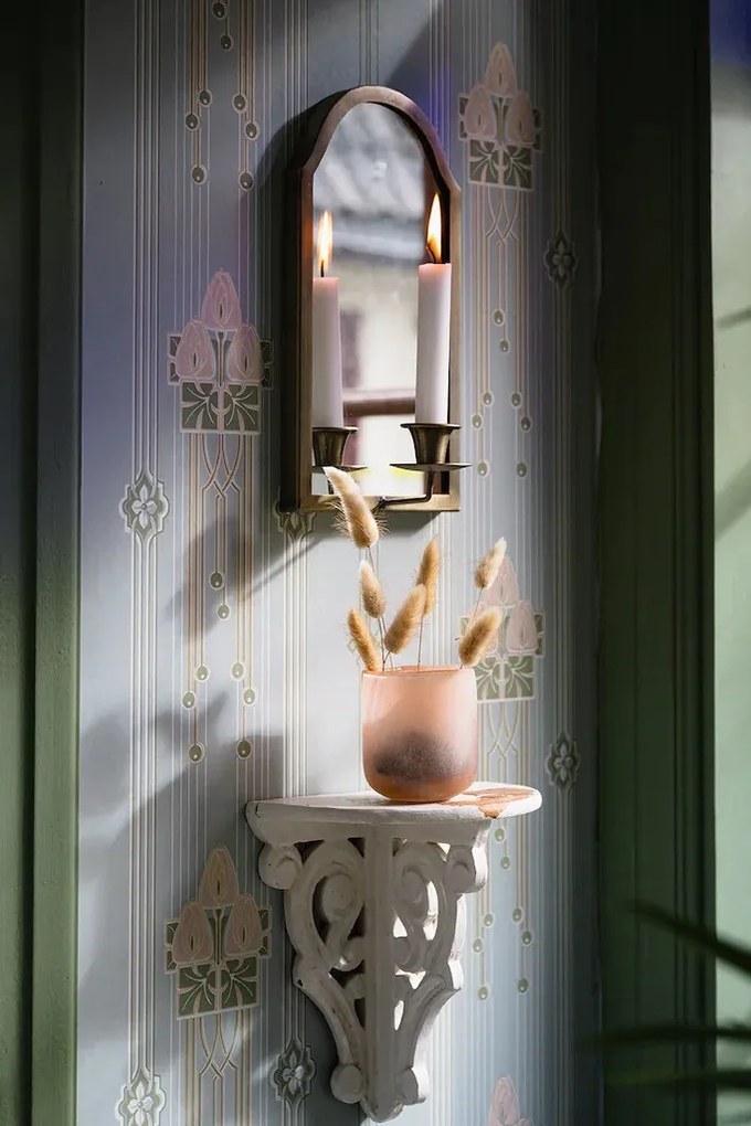 Aplică de perete vintage cu oglindă și suporturi pentru lumânări, alamă antichizată, „Wall Sconce Mirror"