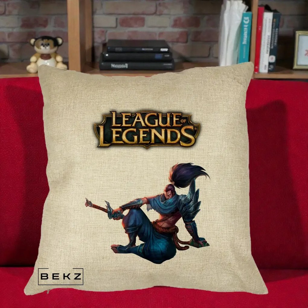 Perna Personalizata League of Legends Yasuo, 40x40 cm, Crem, Husa Detasabila, Perna Inclusa, BEKZ®