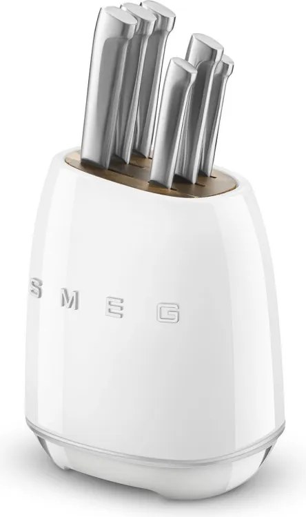 Set de cutite cu suport SMEG KBSF02WH, 7 piese, Manere din lemn de salcam, Otel inoxidabil german, Alb
