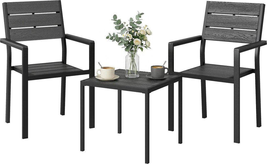 Outsunny Set bistro de grădină 3 piese masă bistro cu 2 scaune, design lamele, aspect lemn, blat HDPE rezistent la rugină | Aosom Romania