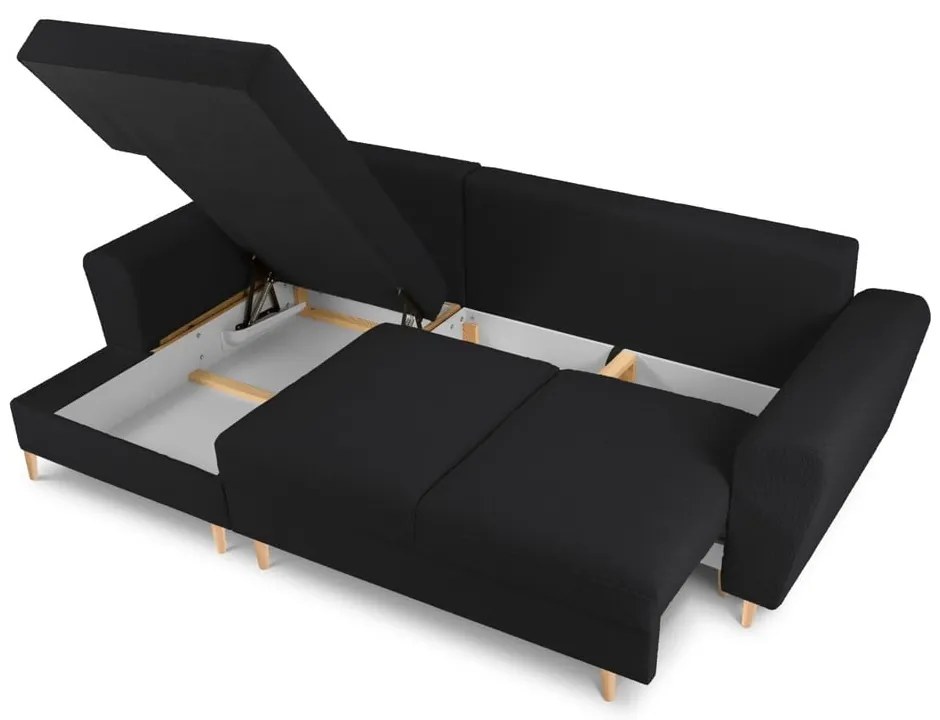 Colțar negru extensibil, cu spațiu de depozitare cu tapițerie din țesătură bouclé (cu colț pe partea stângă, cu șezlong) Kyoto – Cosmopolitan Design