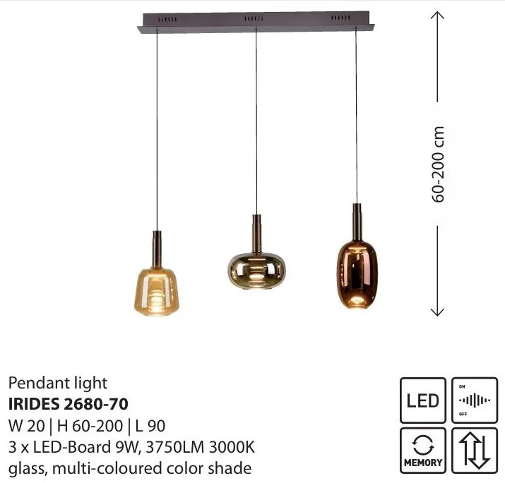 Lustra cu 3 pendule LED, inaltime reglabila, sticla, multicolor, IRIDES