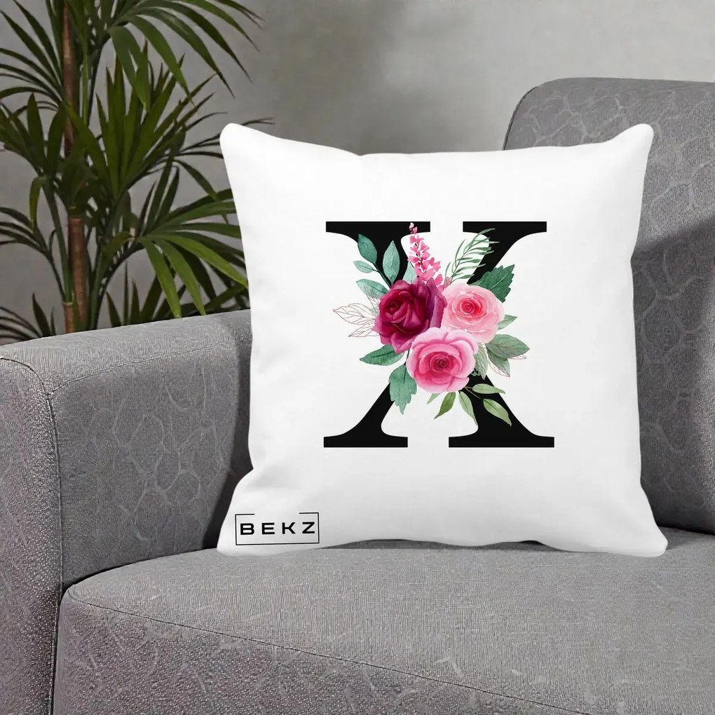 Cadou Personalizat - Perna Personalizata Monograma Florala Litera X cu Buchet, 40x40 cm, Alba Mata, Husa Detasabila, Perna Inclusa, BEKZ®
