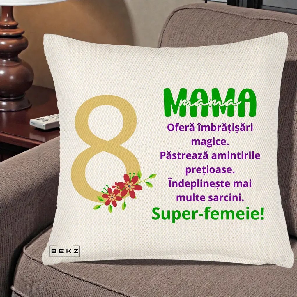 Cadou pentru Mama - Perna Personalizata Mama Super-Femeie cu Cifra 8 si Flori 8 Martie, 40x40 cm, Crem Reliefat, Husa Detasabila, Perna Inclusa, BEKZ®