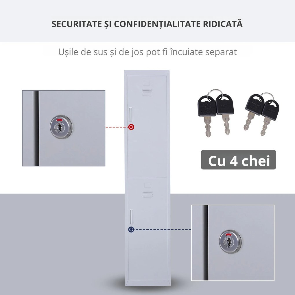Dulapior Haine din Otel 4 Rafturi 2 Usi cu Inchidere de Siguranta, Gri, 38x46x180cm Vinsetto | Aosom Romania