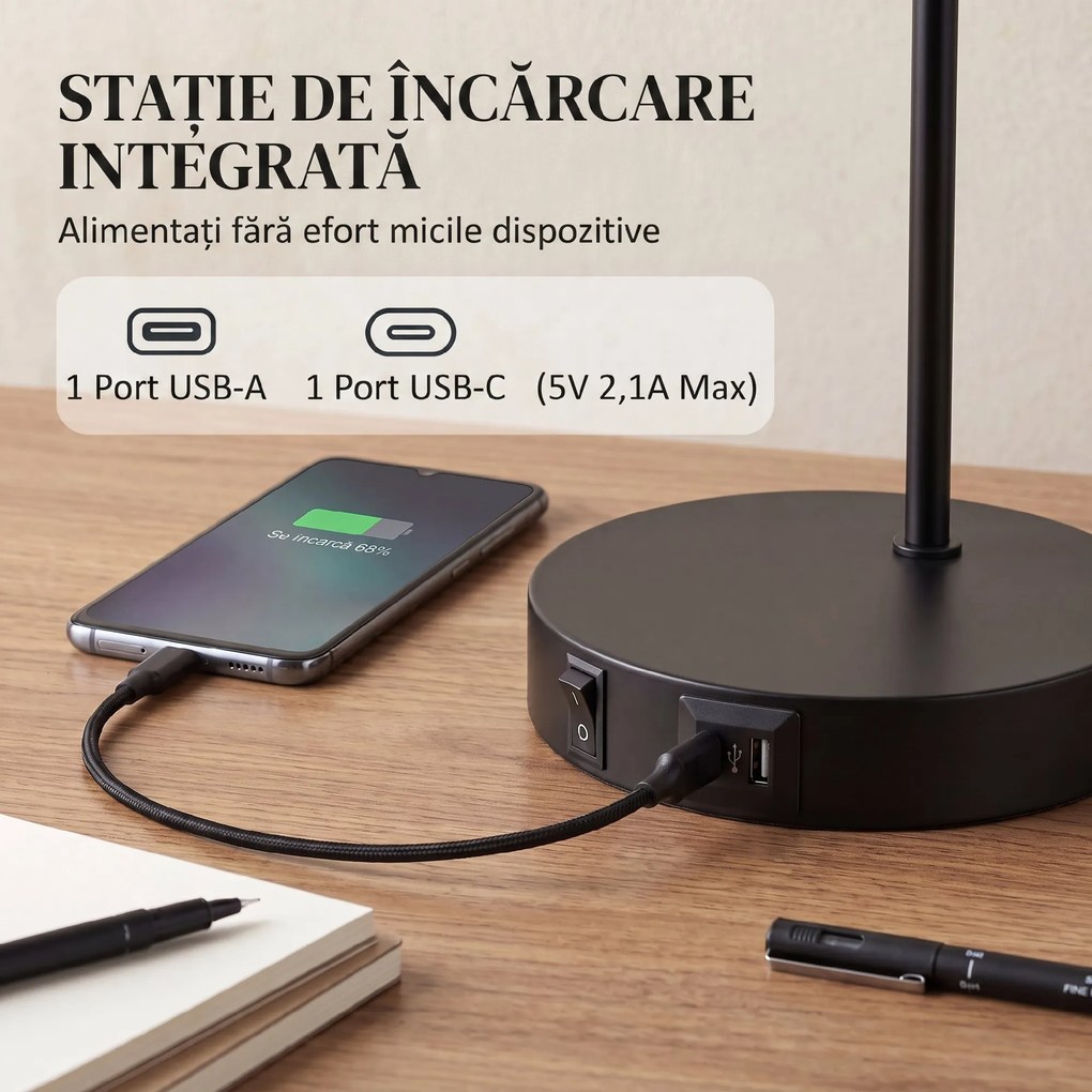 HOMCOM Set de 2 Lămpi de Masă Moderne din Oțel cu Porturi USB, E27, Becurile Nu Sunt Incluse, Negru | Aosom Romania