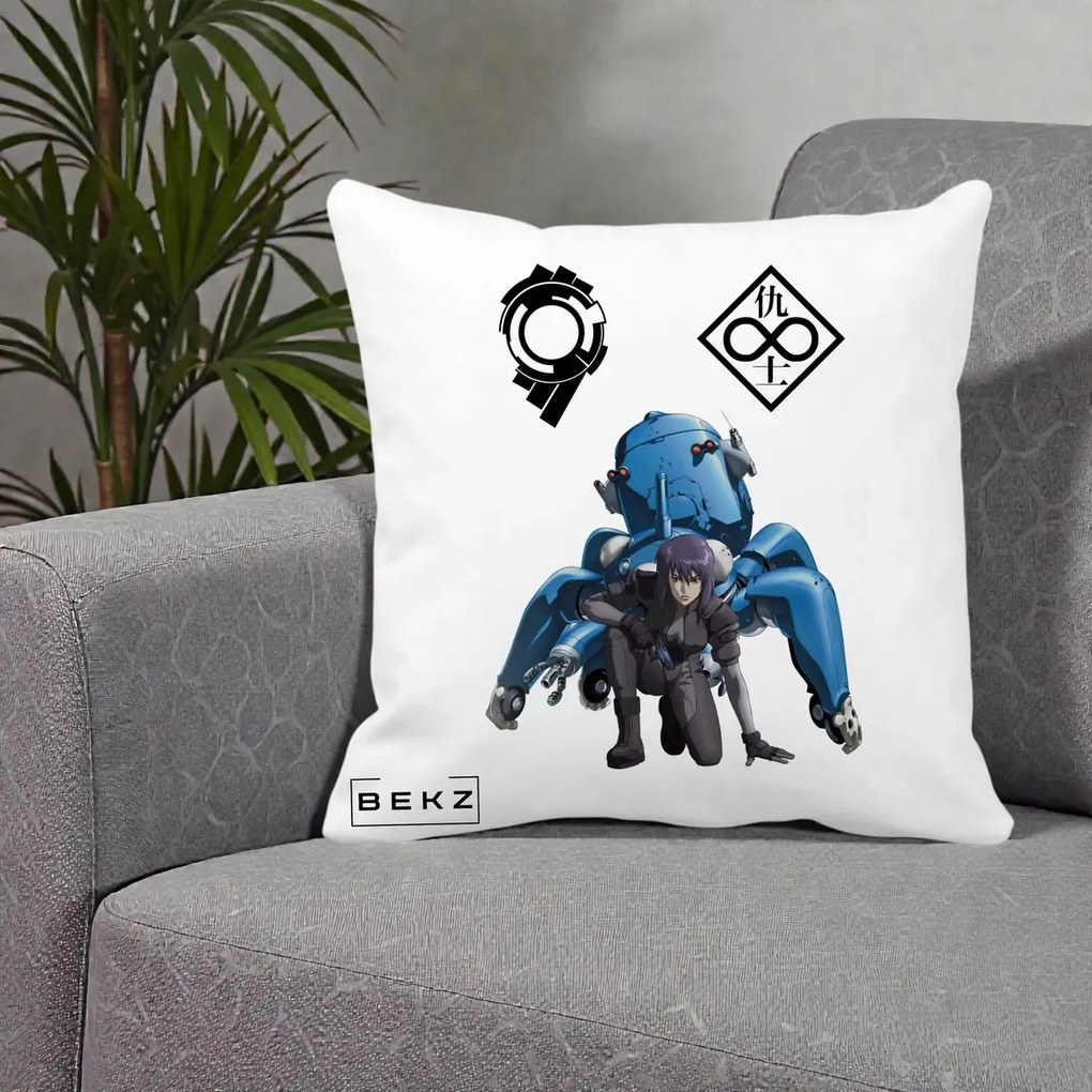 Perna Personalizata Ghost in the Shell Motoko si Tachikoma, 40x40 cm, Alba Mata, Husa Detasabila, Perna Inclusa, BEKZ®
