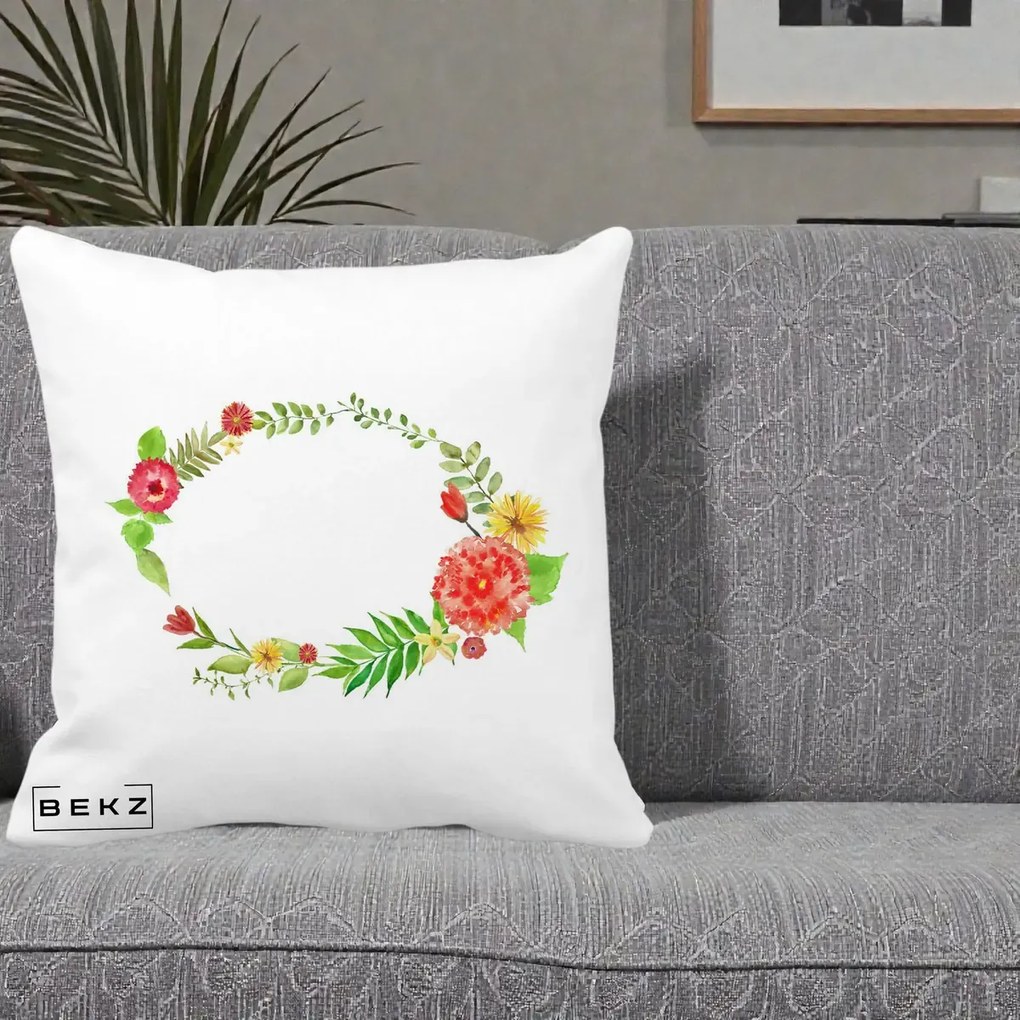 Perna Decorativa Coroana Florala Acuarela, 40x40 cm, Alba Mata, Husa Detasabila, Perna Inclusa, BEKZ®