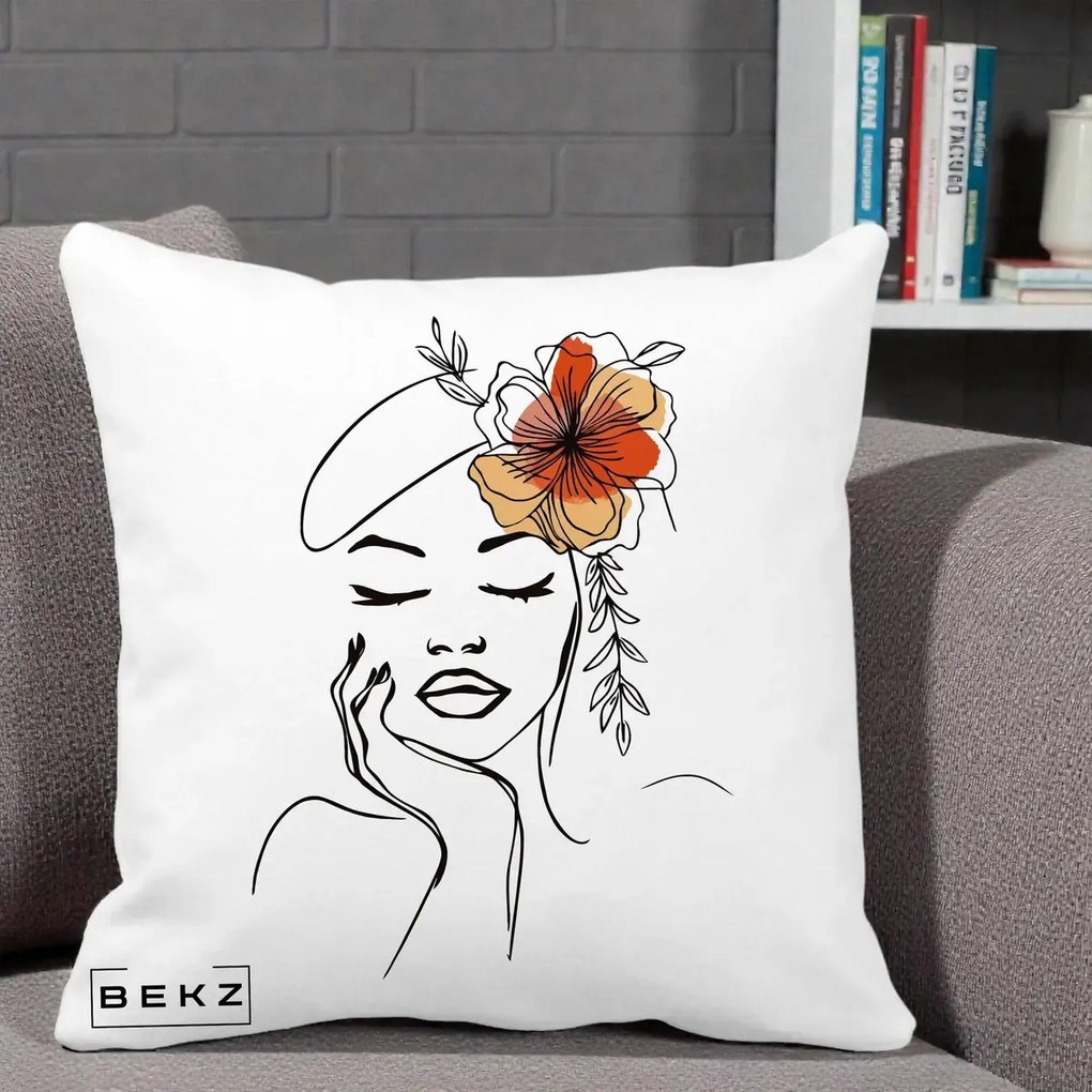 Perna Decorativa Portret Feminin Flori Palarie, 40x40 cm, Alba Mata, Husa Detasabila, Perna Inclusa, BEKZ®