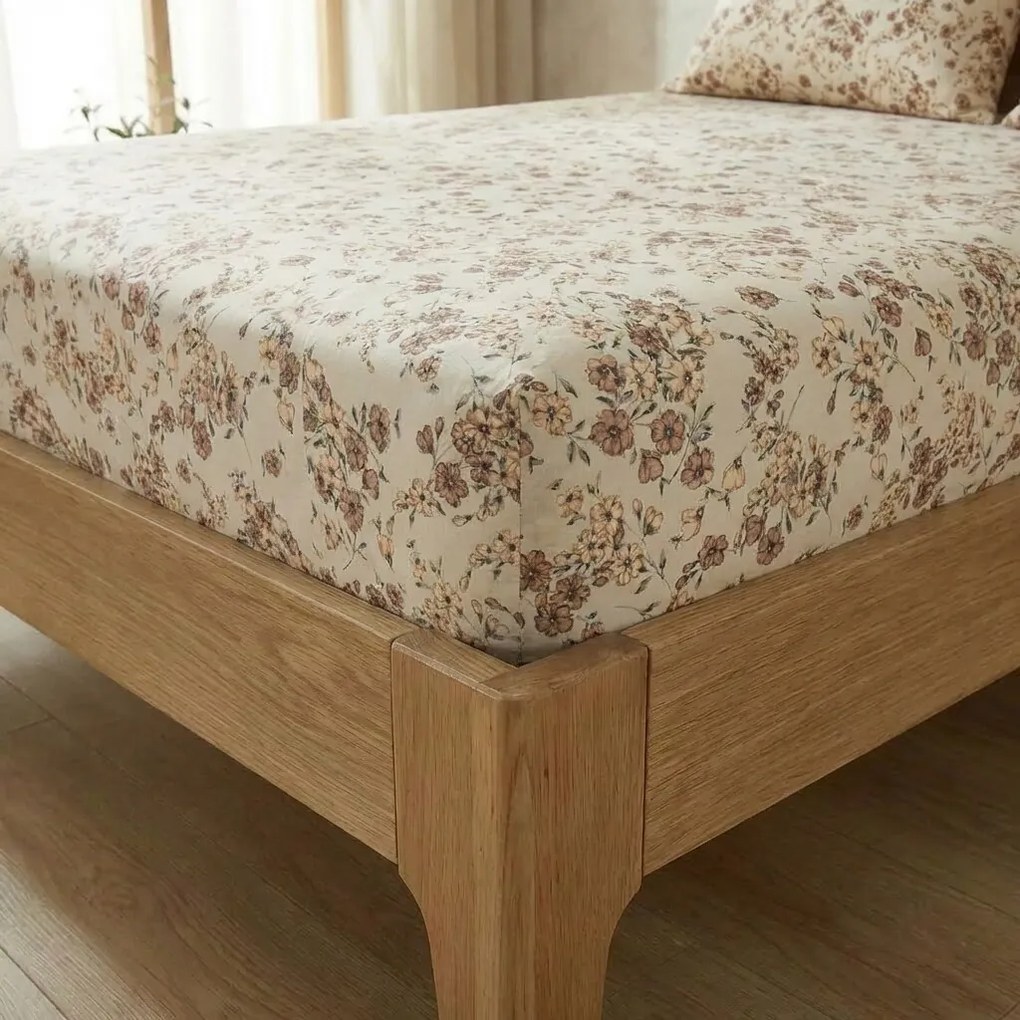 Cearșaf de pat din bumbac cu elastic Kvalitex Flori, bej, 100 x 200 cm, 100 x 200 cm
