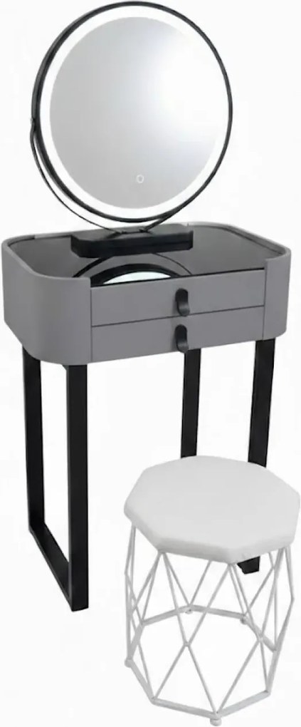 Set Bianca, Masă de toaletă pentru machiaj cu oglindă iluminată LED, control touch, taburet tapitat, 60x38x76 cm, Gri/Negru