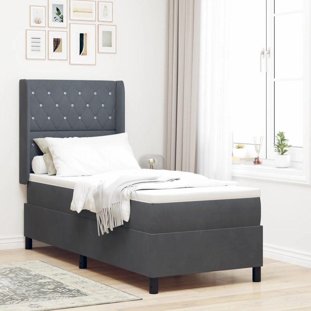 vidaXL Pat box spring cu saltea, gri închis, 80x200 cm, catifea