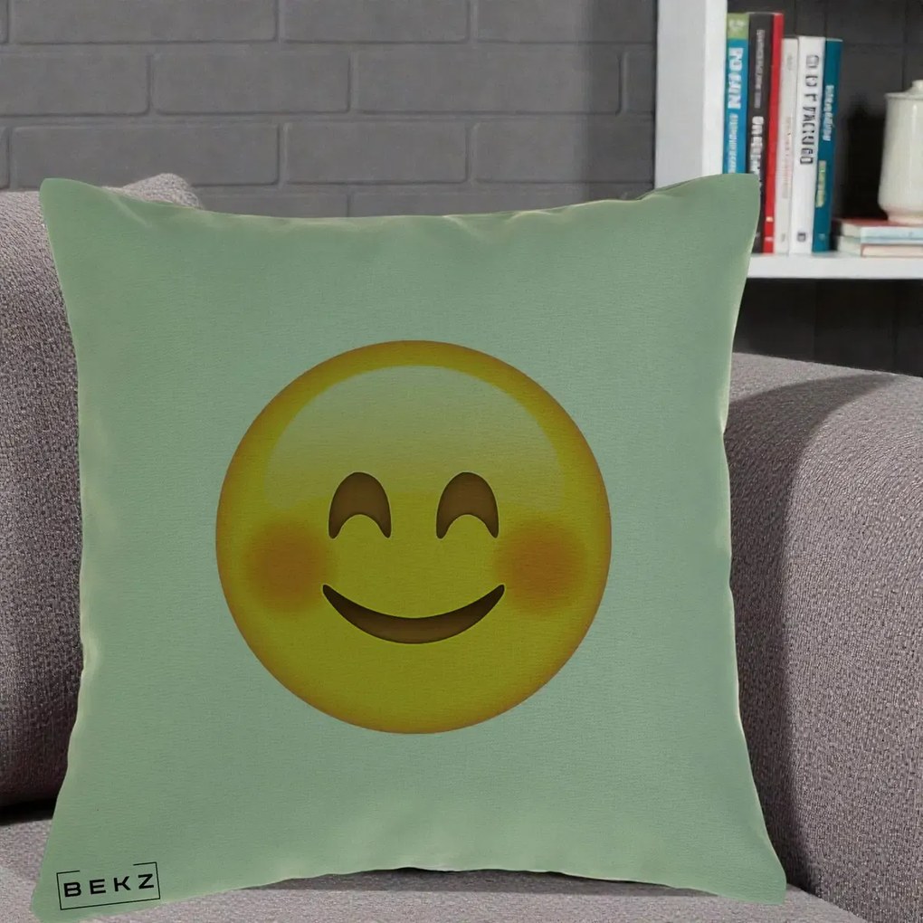 Perna Decorativa Emoji Fericit Roscat, 40x40 cm, Verde, Husa Detasabila, Perna Inclusa, BEKZ®