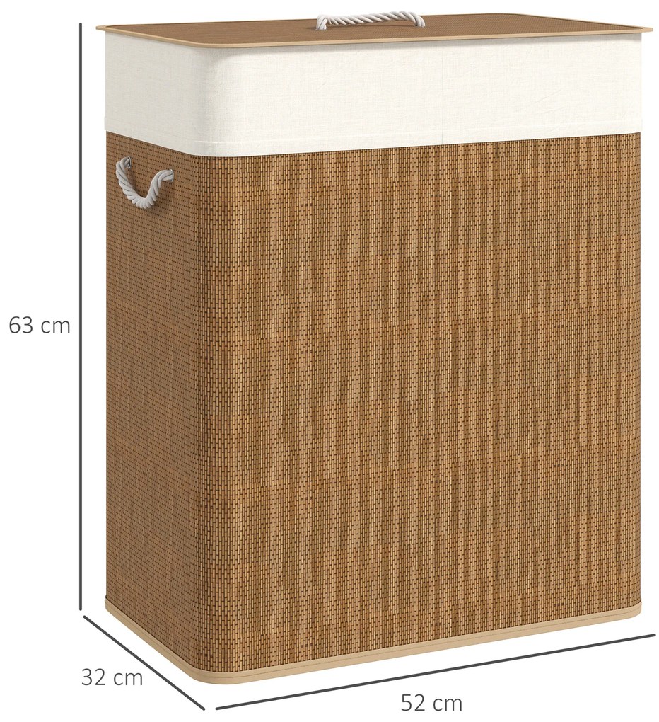 HOMCOM Coș de rufe dublu cu capac, coș de rufe din bambus 100 L cu mânere din frânghie | Aosom Romania