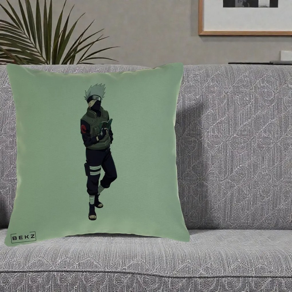 Perna Personalizata Naruto Kakashi Hatake Portret Complet, 40x40 cm, Verde, Husa Detasabila, Perna Inclusa, BEKZ®