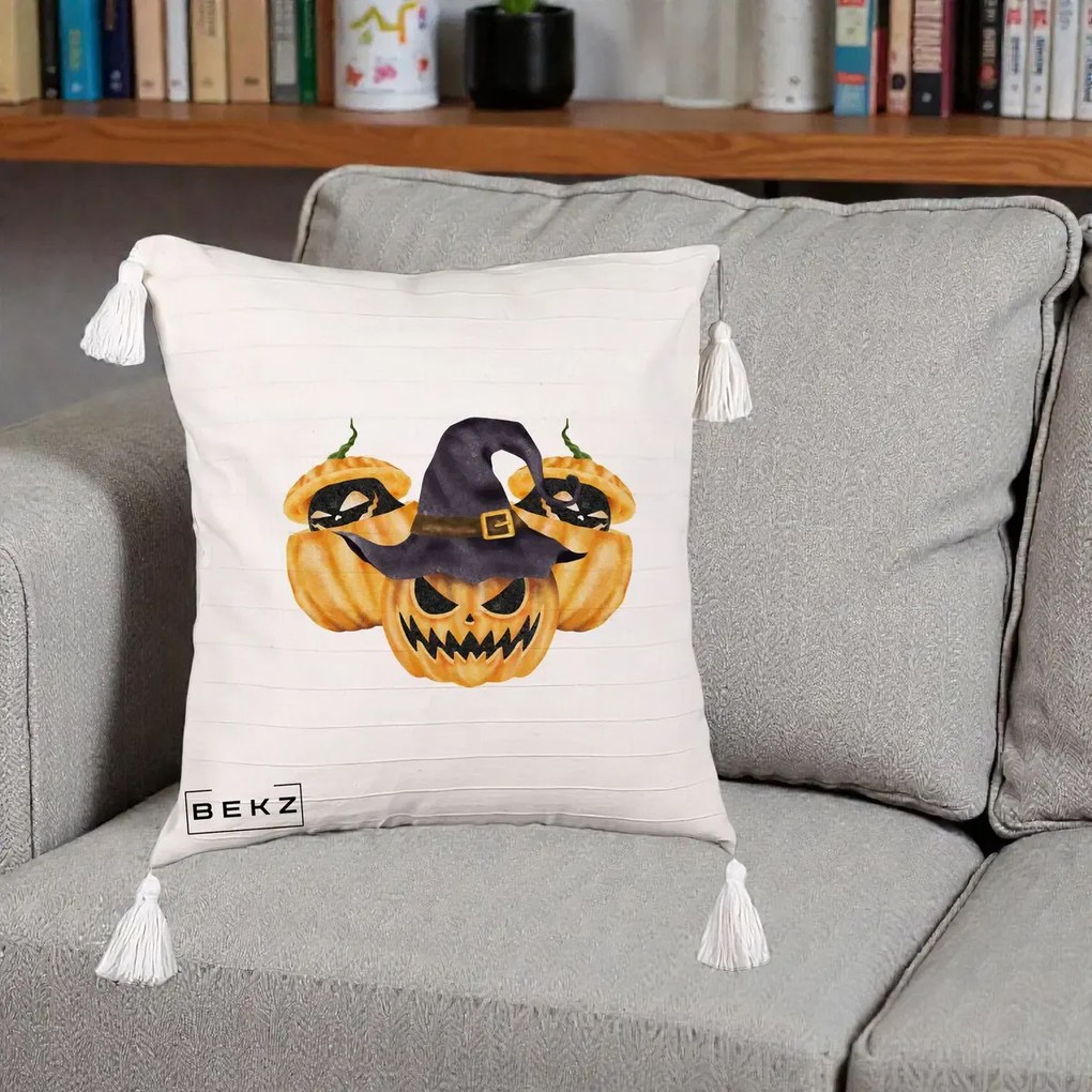 Perna Decorativa Trio Dovleci Jack-o-Lantern cu Palarie Vrajitoare, 40x40 cm, Bej cu Franjuri, Husa Detasabila, Perna Inclusa, BEKZ®