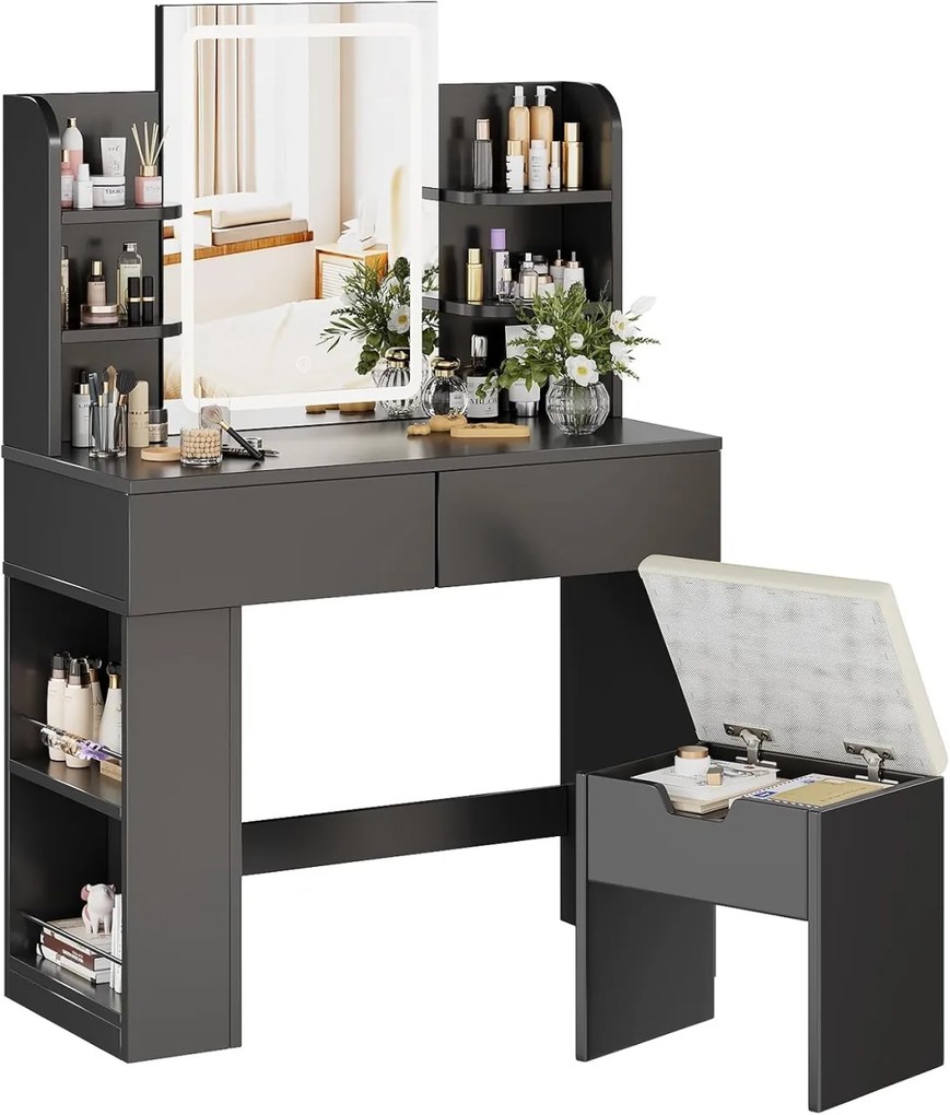SER203 - Set Masa toaleta 90 cm, 2 Sertare, Oglinda cu LED, masuta vanity, make-up - Alb / Negru / Roz