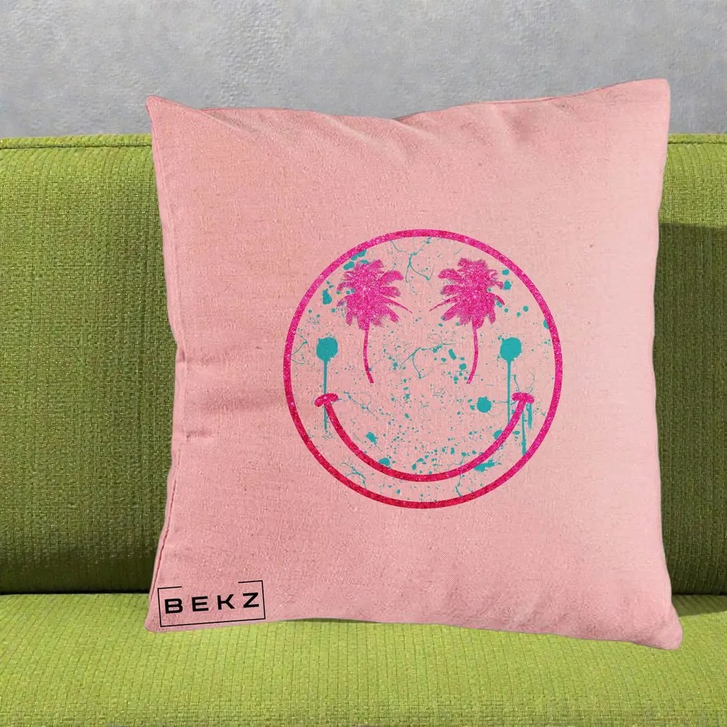 Perna Decorativa Smiley Face Tropical Glitter Roz, 40x40 cm, Roz, Husa Detasabila, Perna Inclusa, BEKZ®