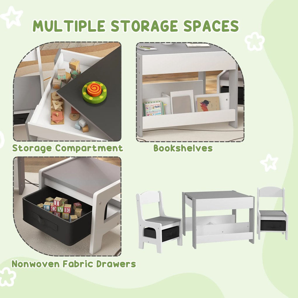 HOMCOM Set de Masă și Scaun pentru Copii, Set de Birou și Scaun pentru Copii 2-în-1 cu Tablă și Rafturi pentru Cărți, 61.5x61.5x48 cm, Gri | Aosom Romania