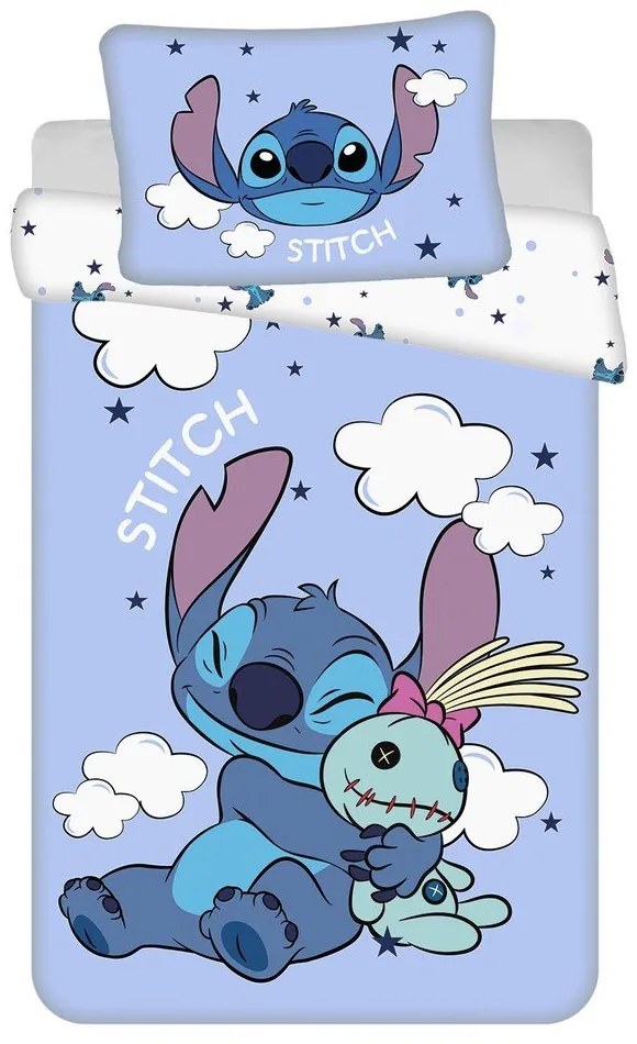 Lenjerie de pat pentru copii albastră din bumbac pentru pătuț 100x135 cm Lilo &amp; Stitch "Clouds" – Jerry Fabrics