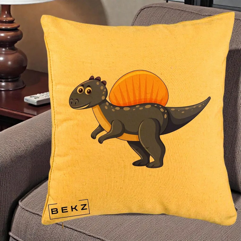 Perna Decorativa Spinozaur Kawaii, 40x40 cm, Galben, Husa Detasabila, Perna Inclusa, BEKZ®