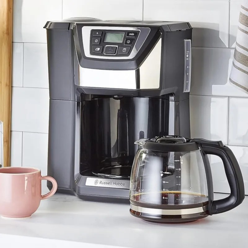 Russell Hobbs Victory Grind & Brew Coffee Maker 22000-56, 1025W, 1,5 L, 250 g, 12 cești, cronometru, filtru încorporat, negru/inox