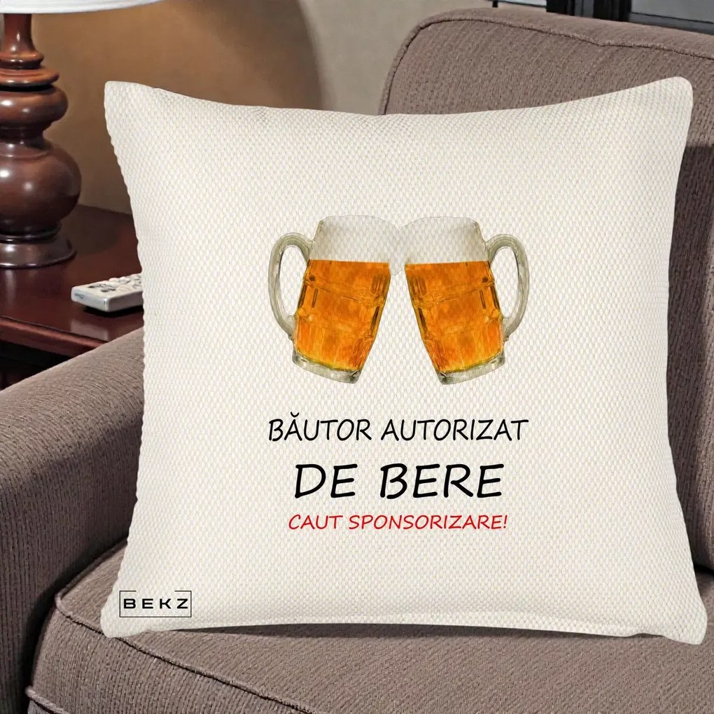 Perna Decorativa Bautor Autorizat de Bere, 40x40 cm, Crem Reliefat, Husa Detasabila, Perna Inclusa, BEKZ®