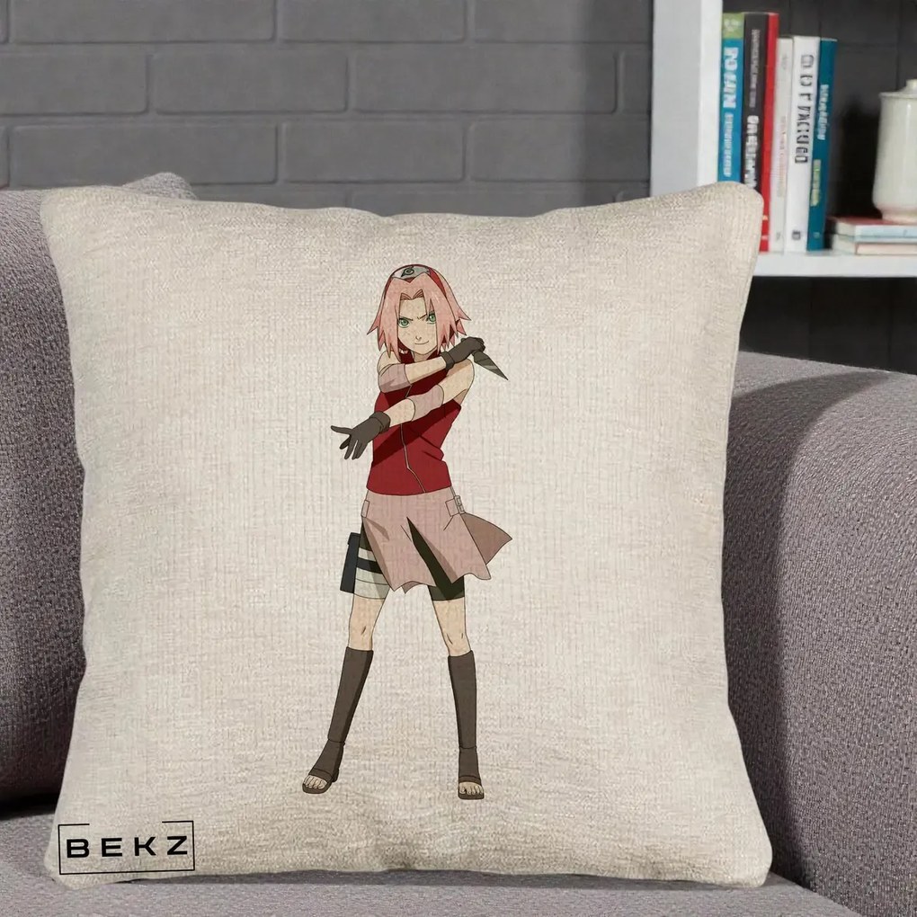 Perna Personalizata Naruto Sakura Haruno Portret, 40x40 cm, Bej Canapea, Husa Detasabila, Perna Inclusa, BEKZ®