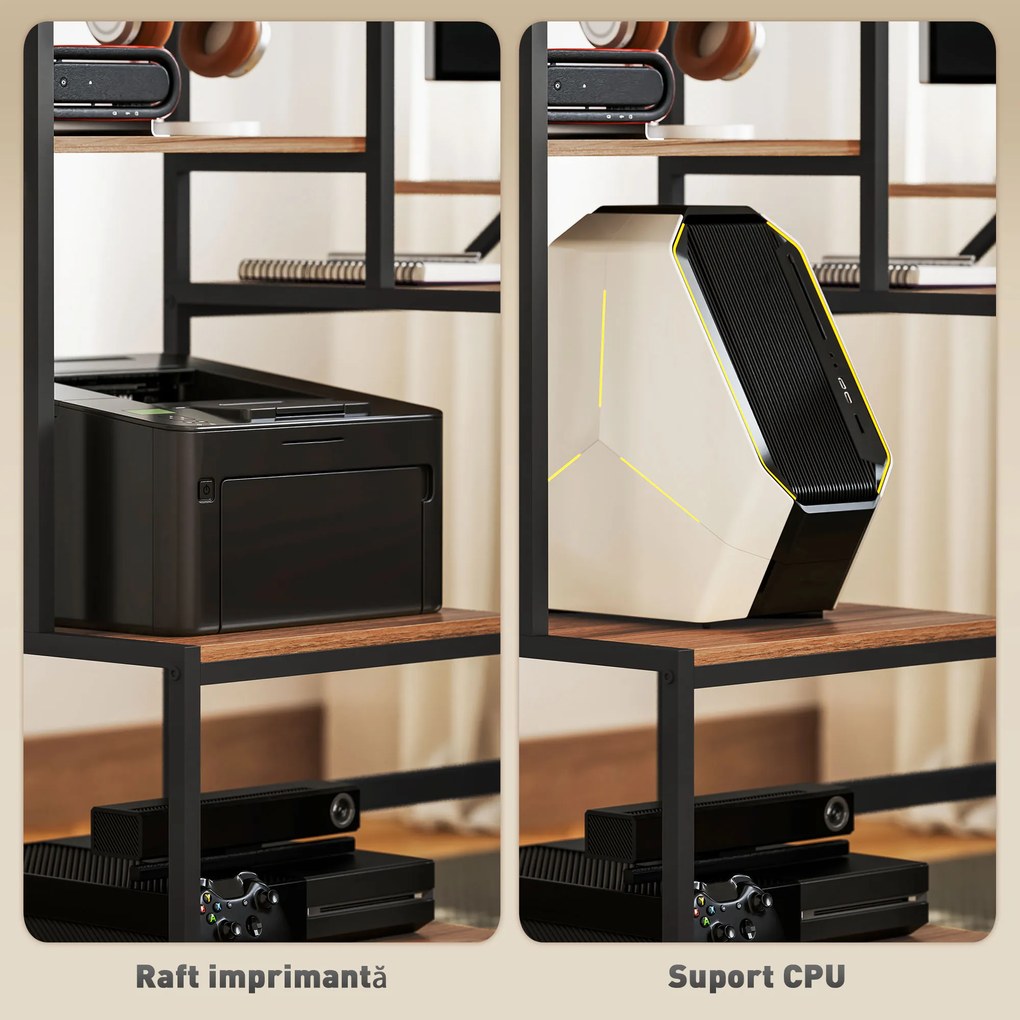 HOMCOM Birou  pentru Computer cu Suport pentru Monitor și Raft pentru Imprimantă, 150x48x125 cm, Maro | Aosom Romania