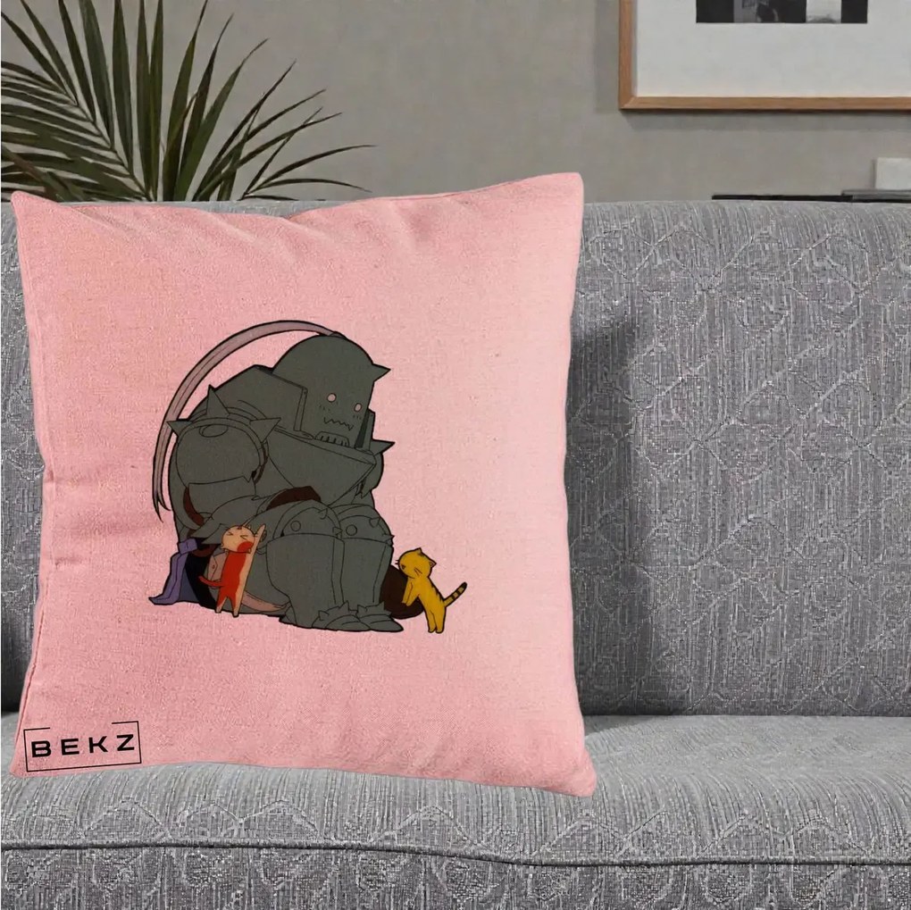 Perna Personalizata Fullmetal Alchemist Alphonse cu Pisici, 40x40 cm, Roz, Husa Detasabila, Perna Inclusa, BEKZ®