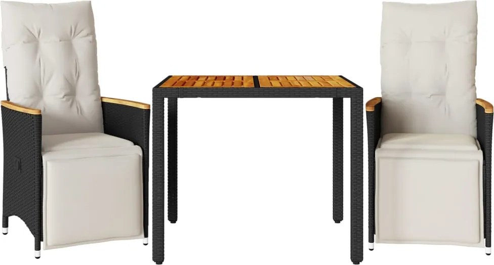 vidaXL Set bistro de grădină cu perne, 3 piese, negru, poliratan