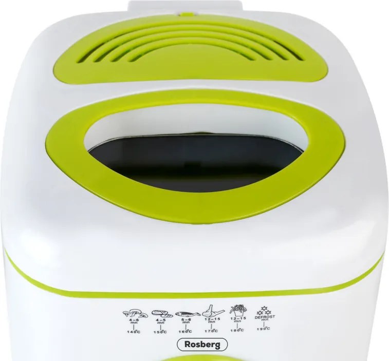 La mâna a doua: Friteuza mini Rosberg , 950W, 1 litru, Termostat, Strat antiaderent, Alb / Verde
