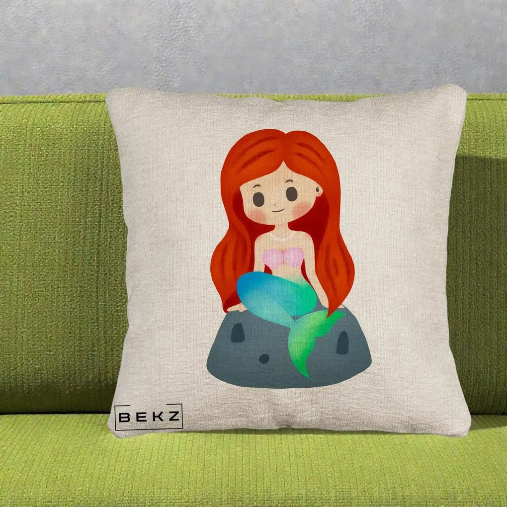 Perna Personalizata Sirena Kawaii Roscat, 40x40 cm, Bej Canapea, Husa Detasabila, Perna Inclusa, BEKZ®