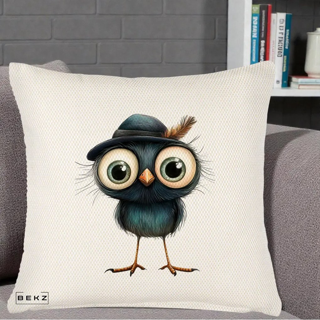 Perna Decorativa Pui Misterios cu Palarie Neagra, 40x40 cm, Crem Reliefat, Husa Detasabila, Perna Inclusa, BEKZ®