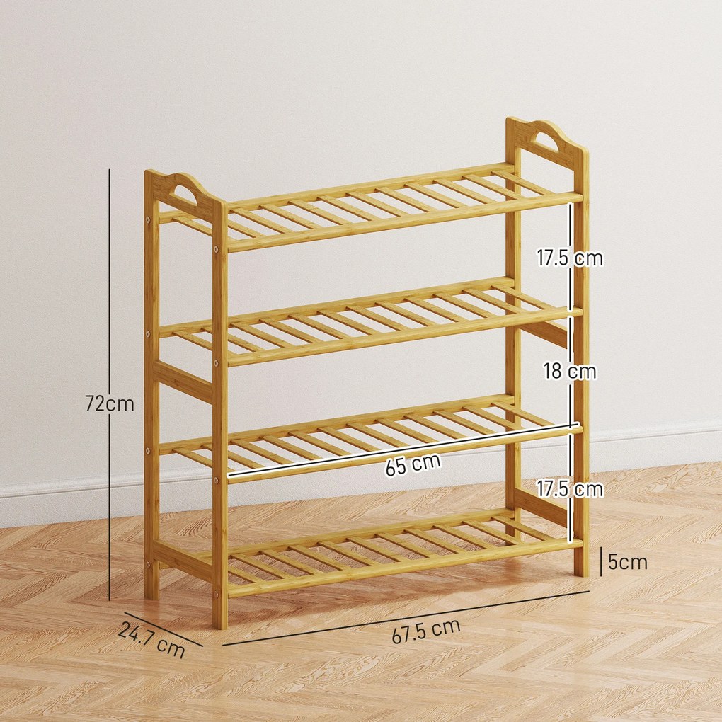 HOMCOM Etajeră pentru pantofi din bambus cu 4 nivele, suport pentru 12 perechi, 67,5 x 24,7 x 72 cm, efect lemn natural | Aosom Romania