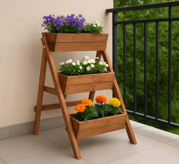 Suport de flori din lemn Vas de flori cu 3 niveluri din lemn natural