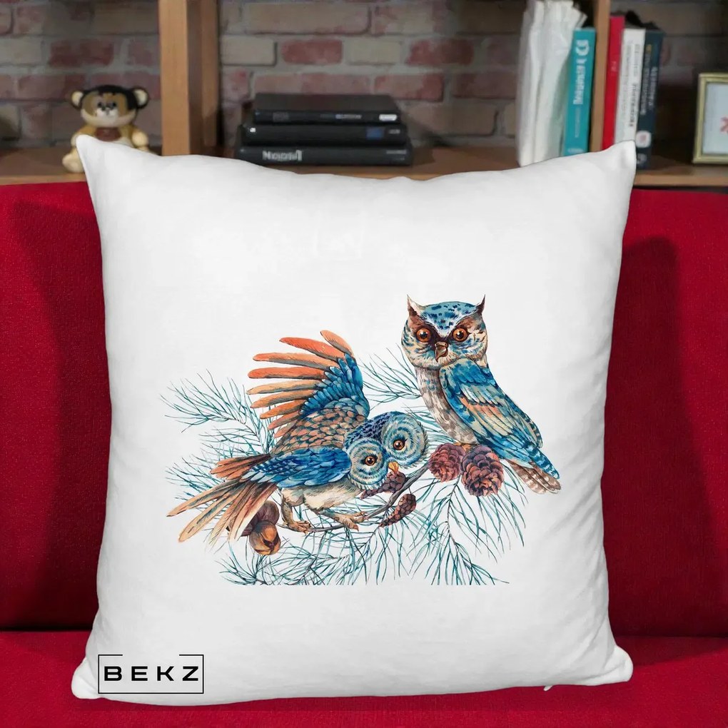 Perna Decorativa Bufnite de Iarna Albastre, 40x40 cm, Alb Pufos, Husa Detasabila, Perna Inclusa, BEKZ®