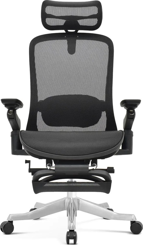 Scaun ergonomic premium Camila-H-MF, masaj lombar, șezut glisant, tetieră 4D, cotiere 6D, reclinare 145°, suport picioare, Full Mesh, bază aluminiu, Negru