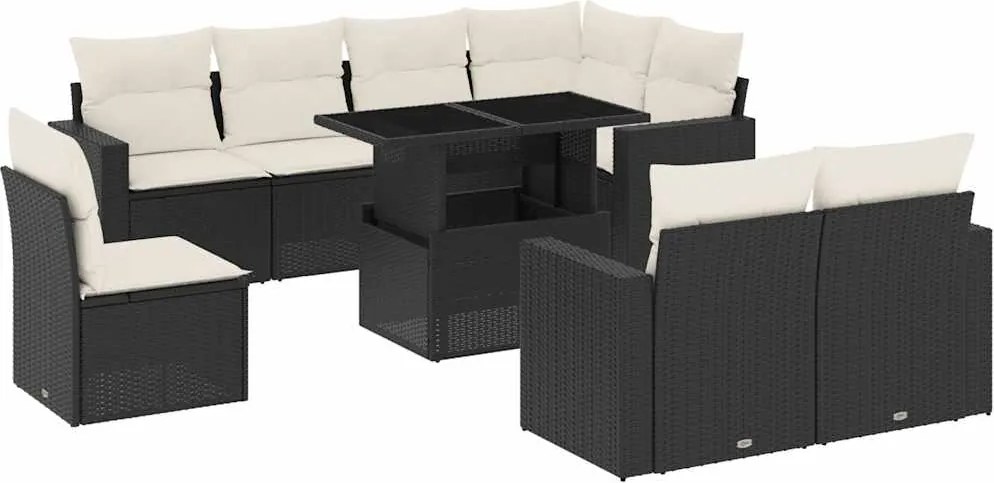 vidaXL Set mobilier de grădină cu perne, 9 piese, negru, poliratan