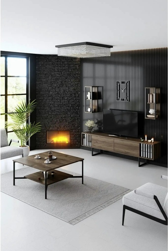 Mobilier living CHROME LINE, stejar inchis/negru, PAL melaminat/metal,