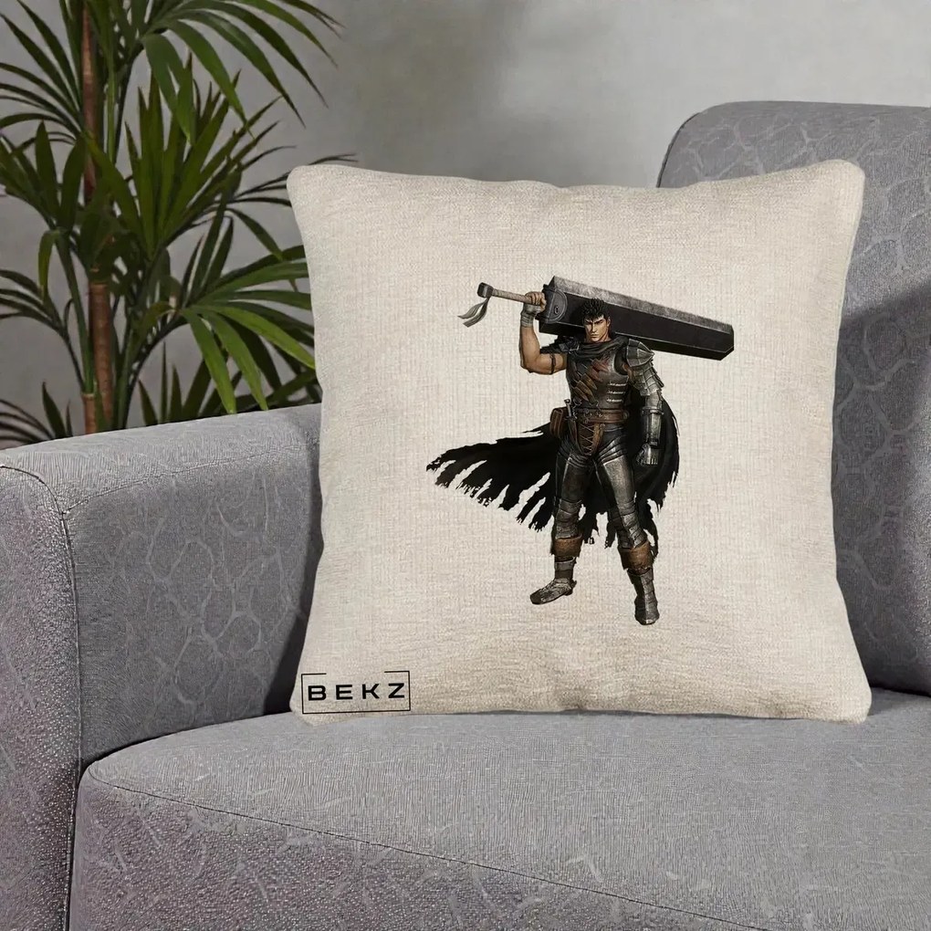 Perna Personalizata Berserk Guts Luptatorul Negru, 40x40 cm, Bej Canapea, Husa Detasabila, Perna Inclusa, BEKZ®