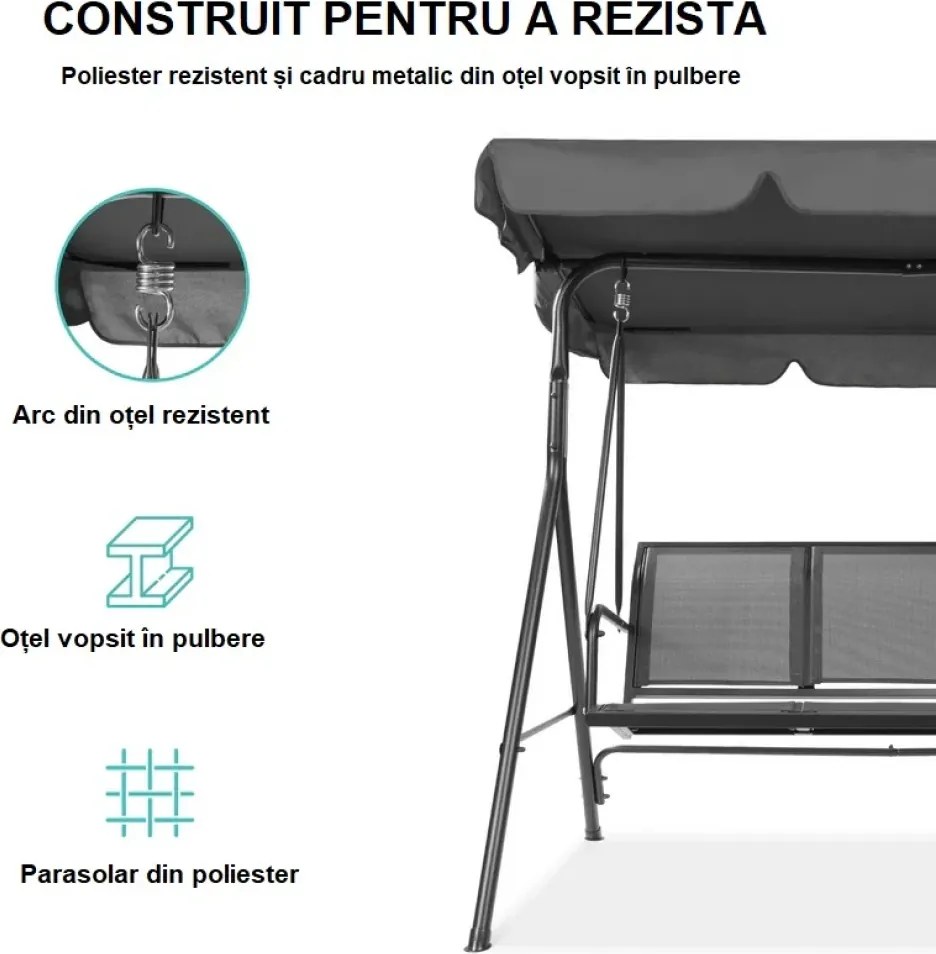 RESIGILAT- Balansoar de grădină, 3 locuri, cu baldachin și cadru din oțel, Gri