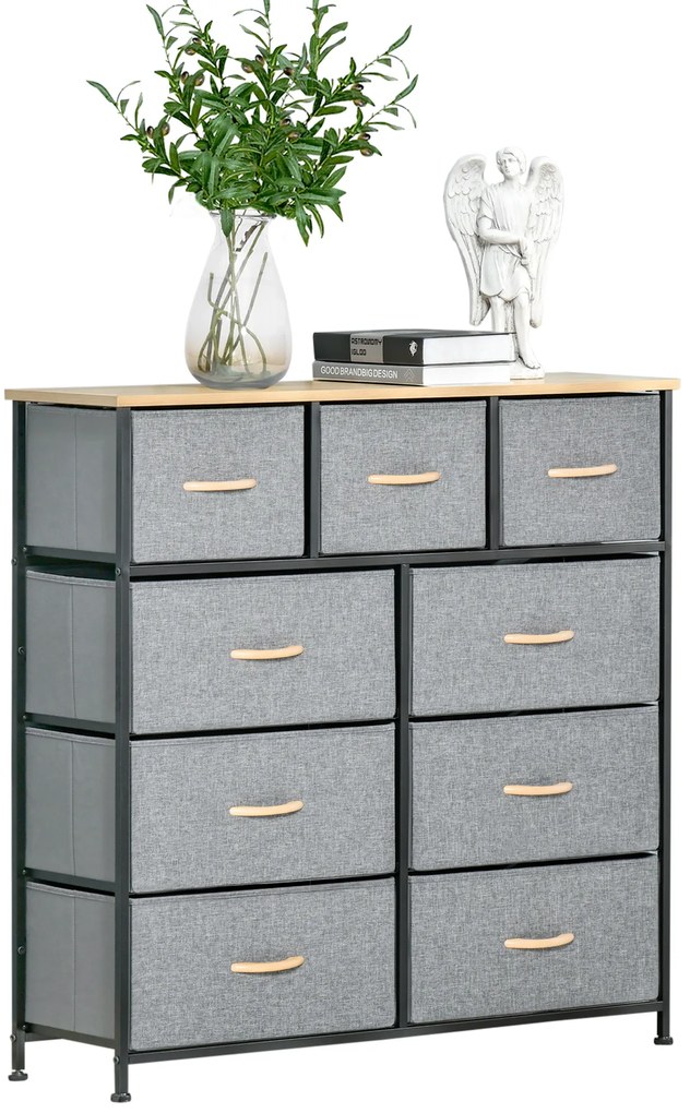 HOMCOM Comodă 9 sertare mobilier de depozitare sertar din material textil pliabil - structură oțel negru - 100 x 30 x 100 cm, stejar și gri | Aosom Romania