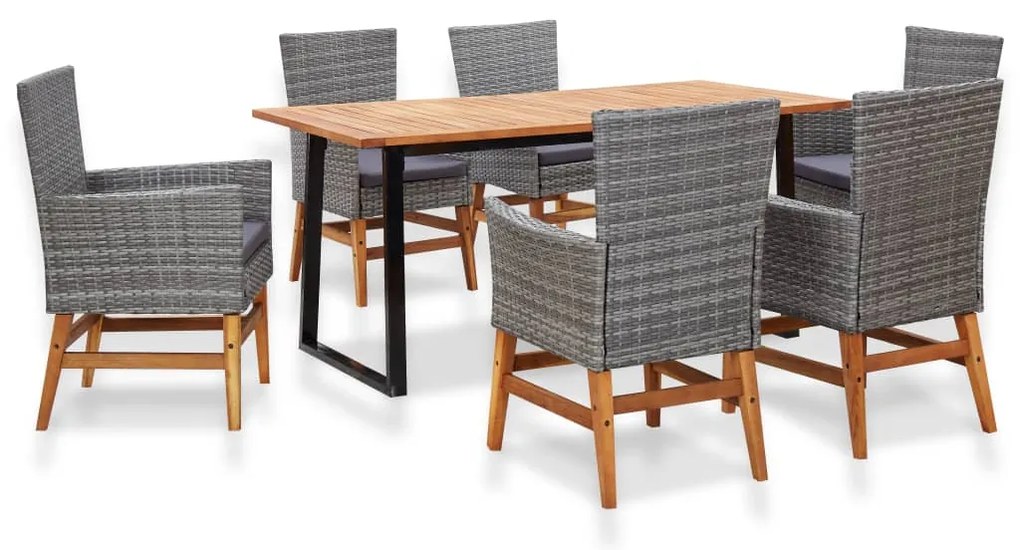vidaXL Set mobilier de exterior, 7 piese, gri, poliratan, lemn acacia