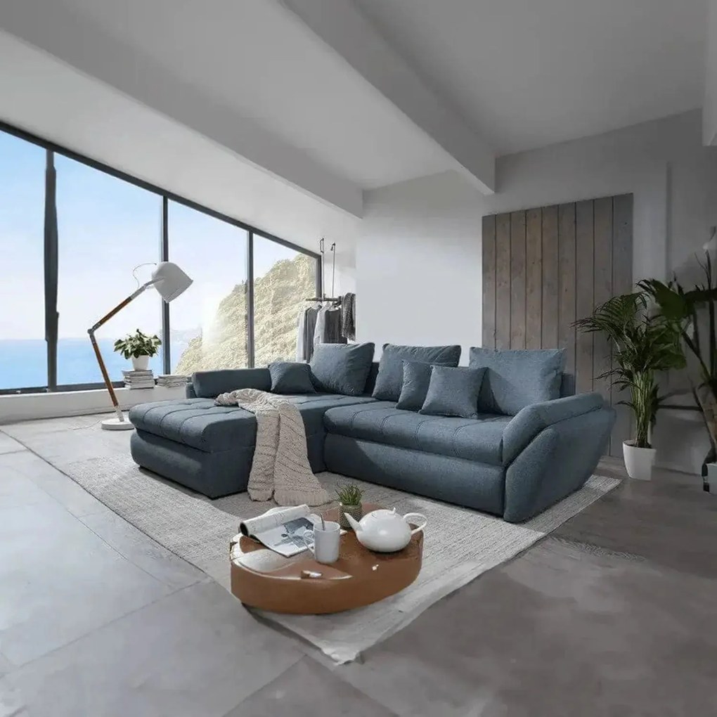 Colțar extensibil dumonde cu ladă de depozitare si sezut confortabil din spuma high-density, Loana Enjoy Blue 270x185 cm