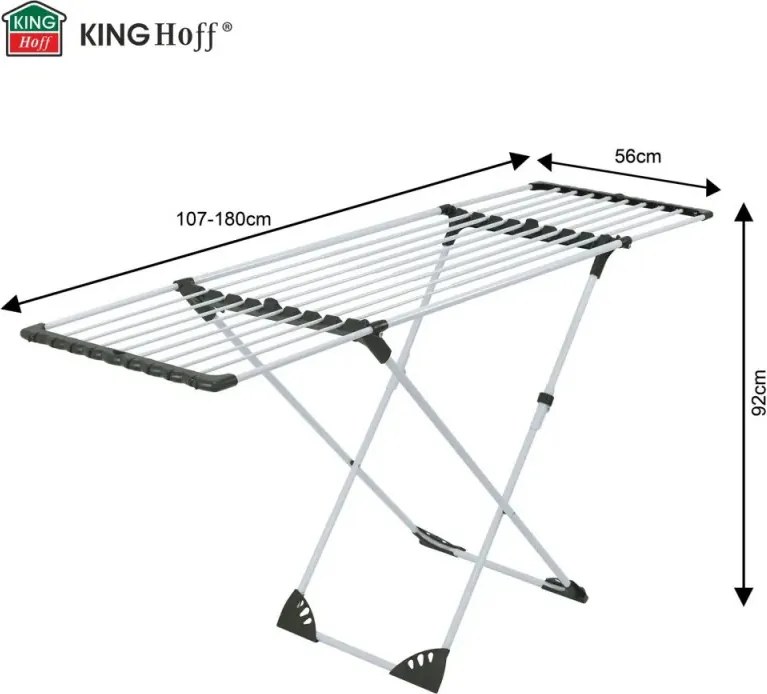 Uscător de rufe pliabil Kinghoff KH 2042, 20 m, până la 20 kg, lungime reglabilă, capete antiderapante, alb/negru