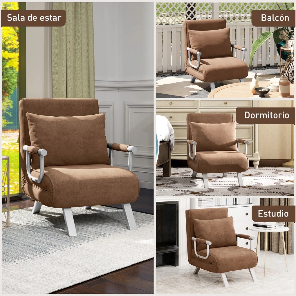 HOMCOM Fotoliu Pat Individual 2 în 1 Canapea Pat Pliabil cu Spătar Reglabil și Pernă pentru Living Dormitor 65x69x80 cm Maro | Aosom Romania