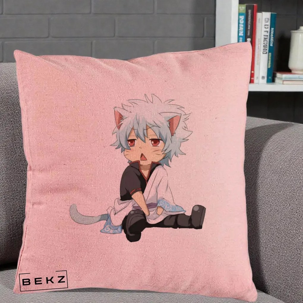 Perna Personalizata Gintama Gintoki Chibi Pisica, 40x40 cm, Roz, Husa Detasabila, Perna Inclusa, BEKZ®
